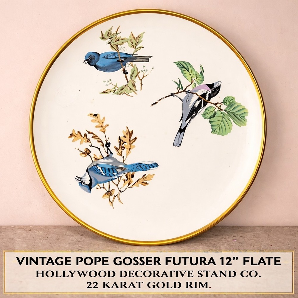 Vintage Futura Pope-Gosser Bird Plate Gold Rim Blue Jay Woodpecker Wall Decor
